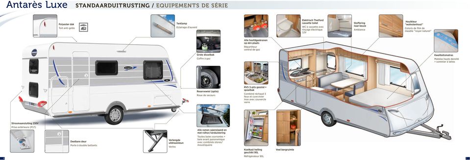 Kwaliteitsmatras Matelas haute densité + sommier à lattes Reservewiel (optie) Roue de secours RVS 3-pits gasstel + spoelbak Combiné réchaud 3 feux et cuve évier inox avec couvercle verre