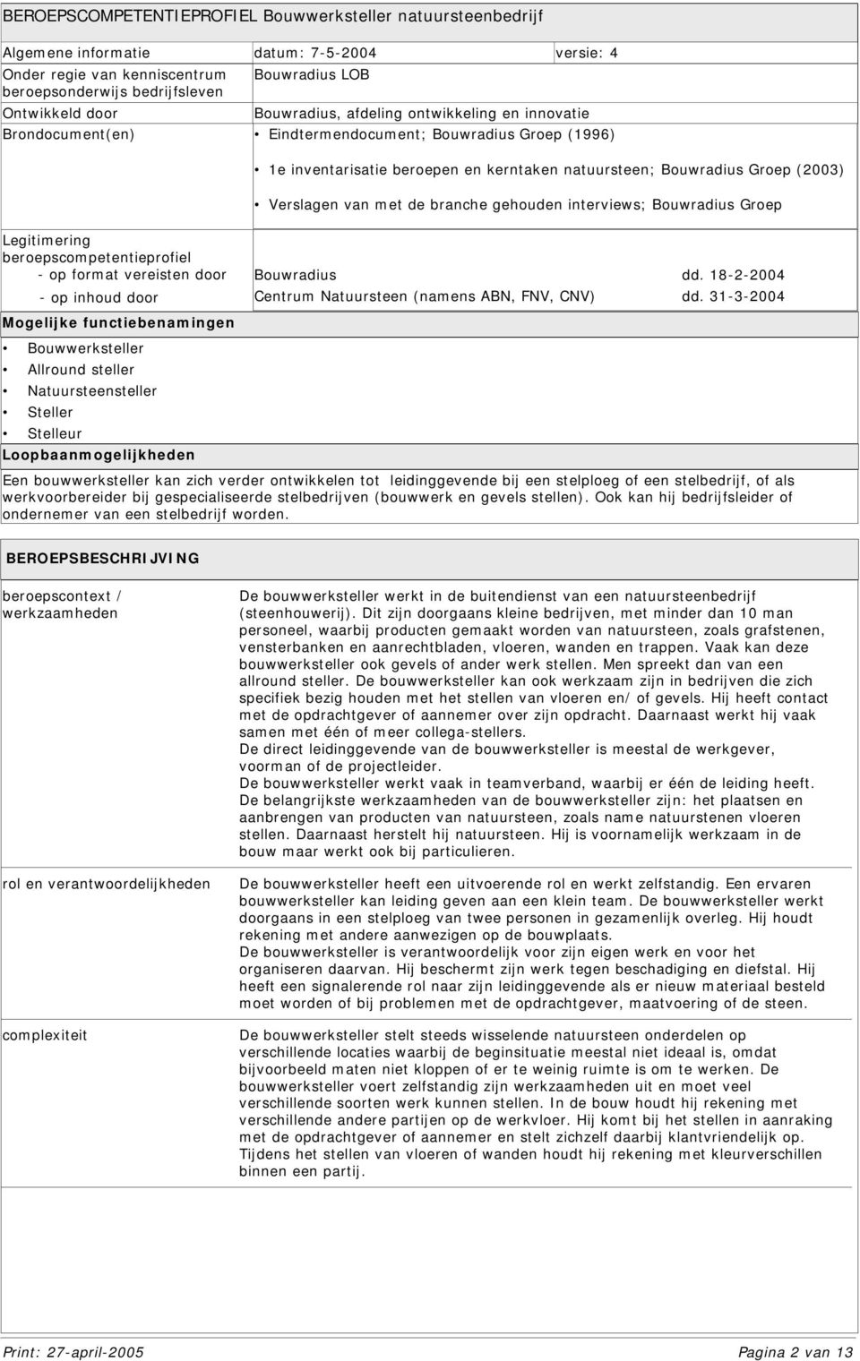 met de branche gehouden interviews; Bouwradius Groep Legitimering beroepscompetentieprofiel - op format vereisten door - op inhoud door Mogelijke functiebenamingen Bouwwerksteller Allround steller