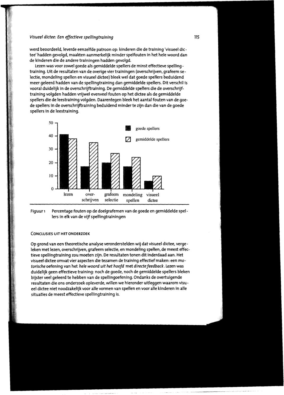 Uit de resultaten van de overige vier trainingen (overschrijven, grafeem selectie, mondeling spell en en visueel dictee) bleek wel dat goede spellers beduidend meer geleerd hadden van de