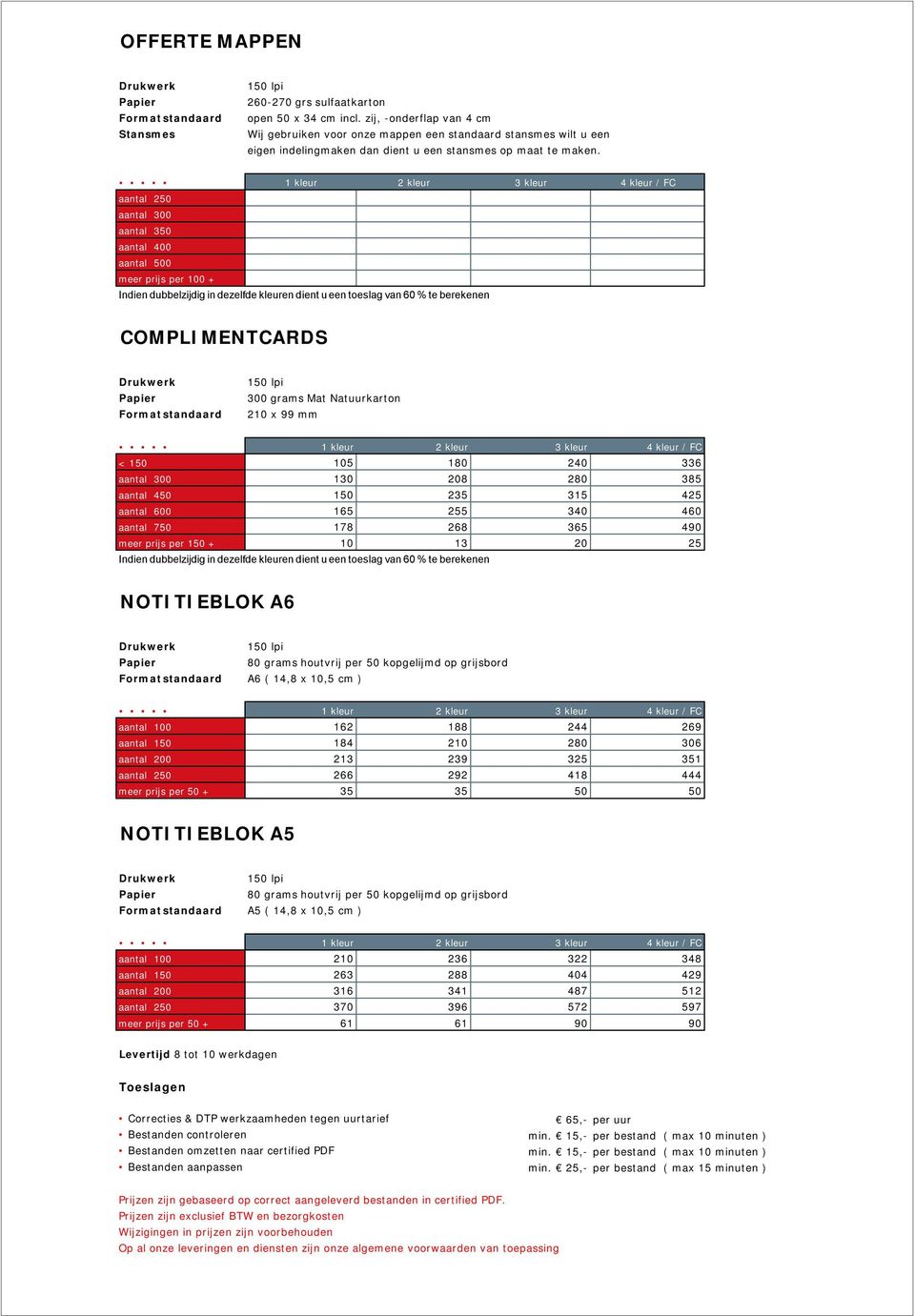 aantal 250 aantal 300 aantal 350 aantal 400 aantal 500 meer prijs per 100 + Indien dubbelzijdig in dezelfde kleuren dient u een toeslag van 60 % te berekenen COMPLIMENTCARDS Format standaard 300