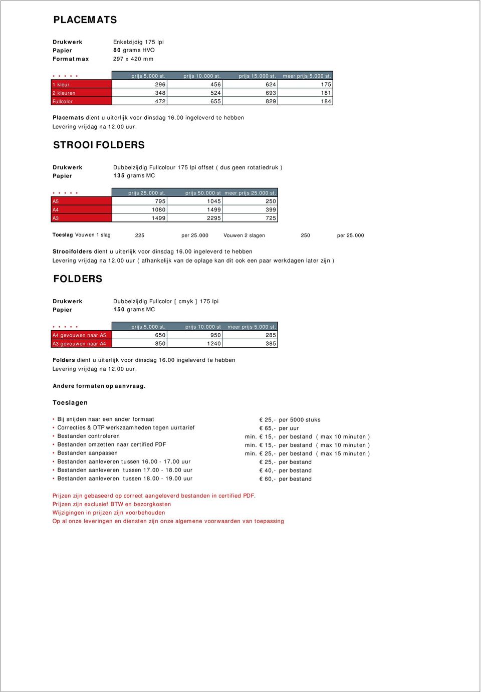 00 ingeleverd te hebben Levering vrijdag na 12.00 uur. STROOIFOLDERS Dubbelzijdig Fullcolour 175 lpi offset ( dus geen rotatiedruk ) 135 grams MC prijs 25.000 st.