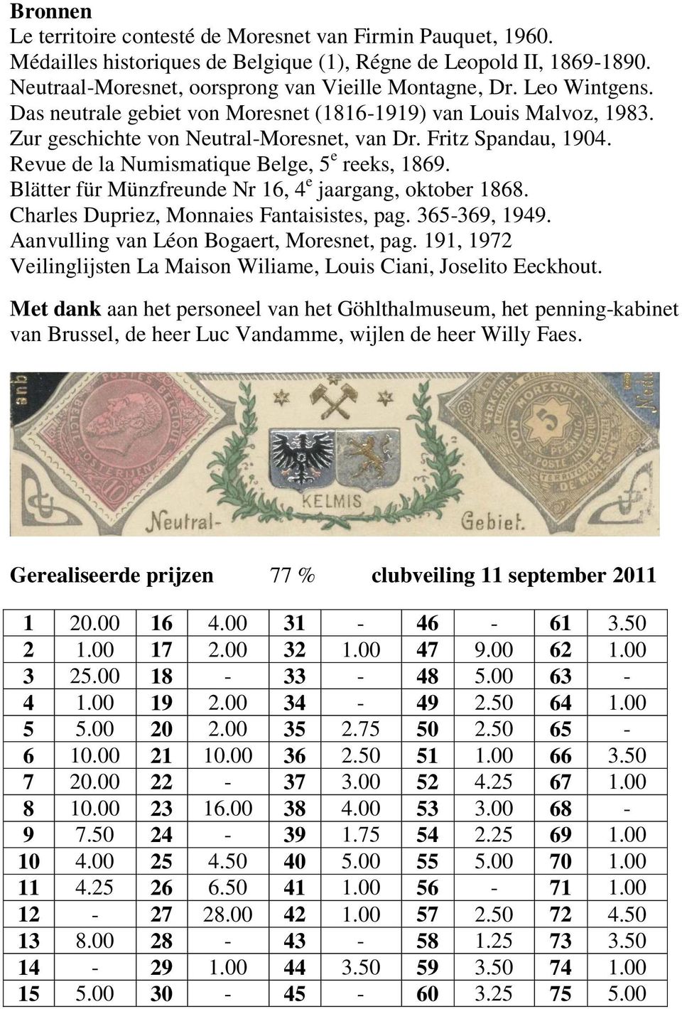 Blätter für Münzfreunde Nr 16, 4 e jaargang, oktober 1868. Charles Dupriez, Monnaies Fantaisistes, pag. 365-369, 1949. Aanvulling van Léon Bogaert, Moresnet, pag.