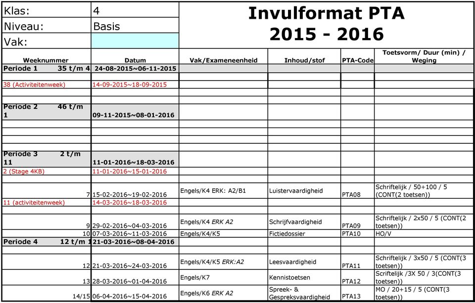 / 5 (CONT(2 Engels/K4 ERK A2 Schrijfvaardigheid 9 29-02-2016~04-03-2016 PTA09 toetsen)) 10 07-03-2016~11-03-2016 Engels/K4/K5 Fictiedossier PTA10 HO/V Periode 4 12 t/m 1421-03-2016~08-04-2016 12