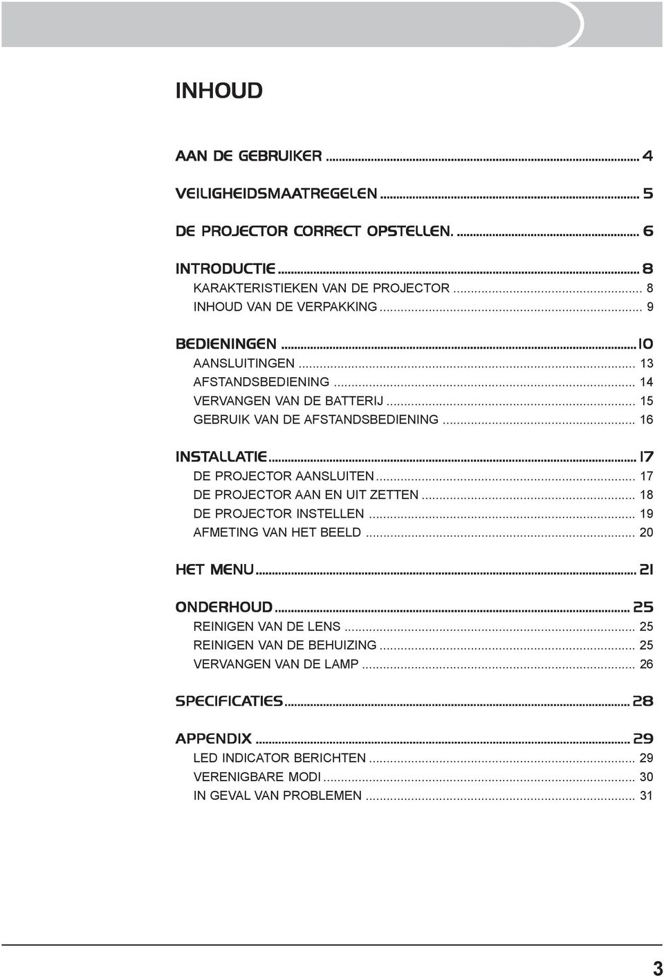 .. 16 INSTALL ALLATIE TIE... 17 DE PROJECTOR AANSLUITEN... 17 DE PROJECTOR AAN EN UIT ZETTEN... 18 DE PROJECTOR INSTELLEN... 19 AFMETING VAN HET BEELD... 20 HET MENU... 21 ONDERHOUD.