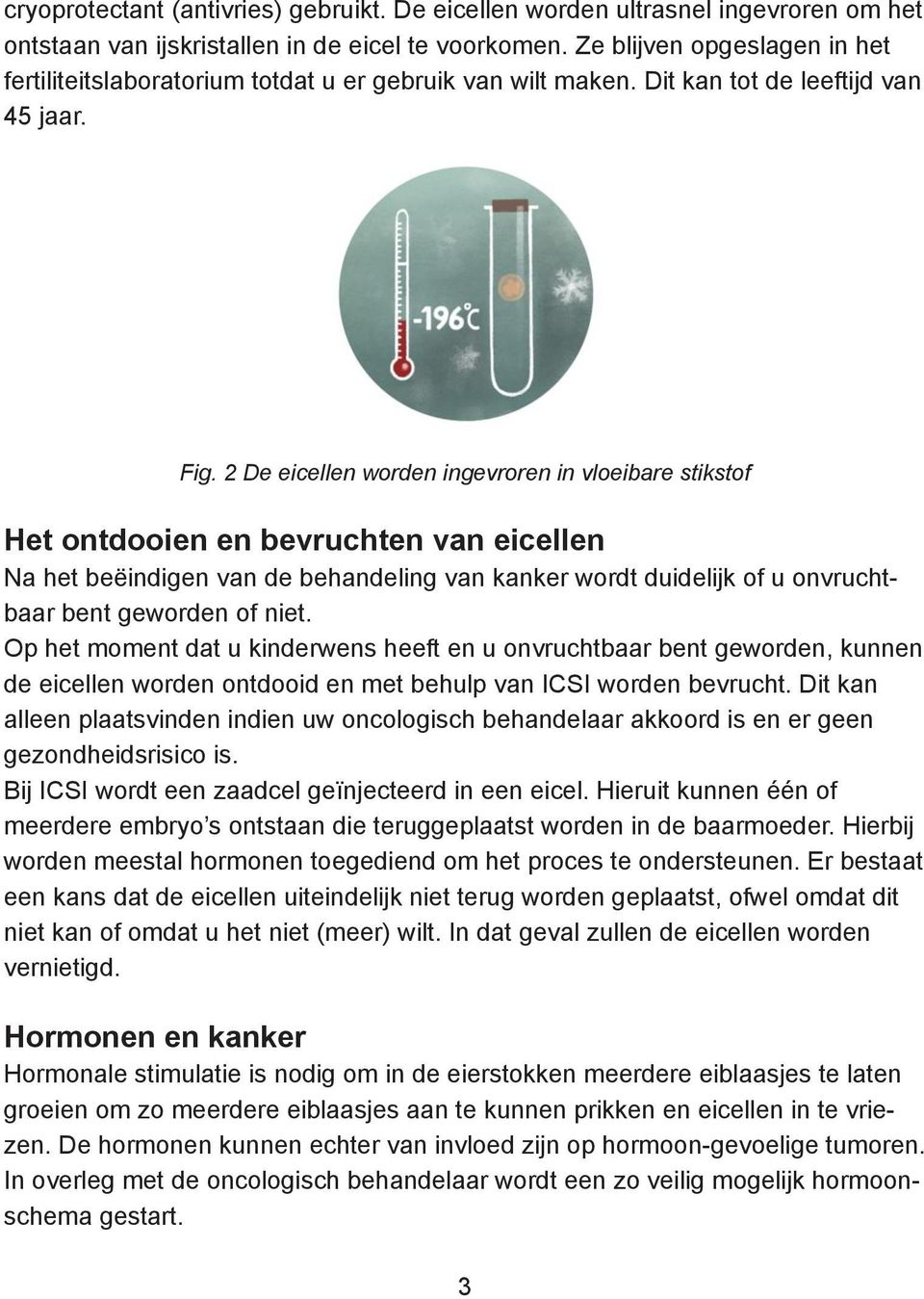 2 De eicellen worden ingevroren in vloeibare stikstof Het ontdooien en bevruchten van eicellen Na het beëindigen van de behandeling van kanker wordt duidelijk of u onvruchtbaar bent geworden of niet.