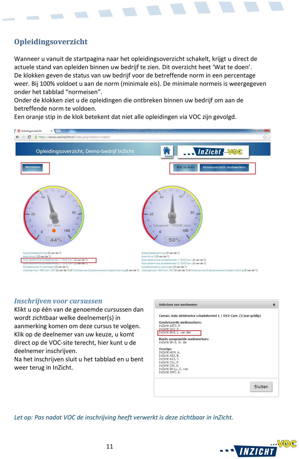 De minimale normeis is weergegeven onder het tabblad normeisen. Onder de klokken ziet u de opleidingen die ontbreken binnen uw bedrijf om aan de betreffende norm te voldoen.