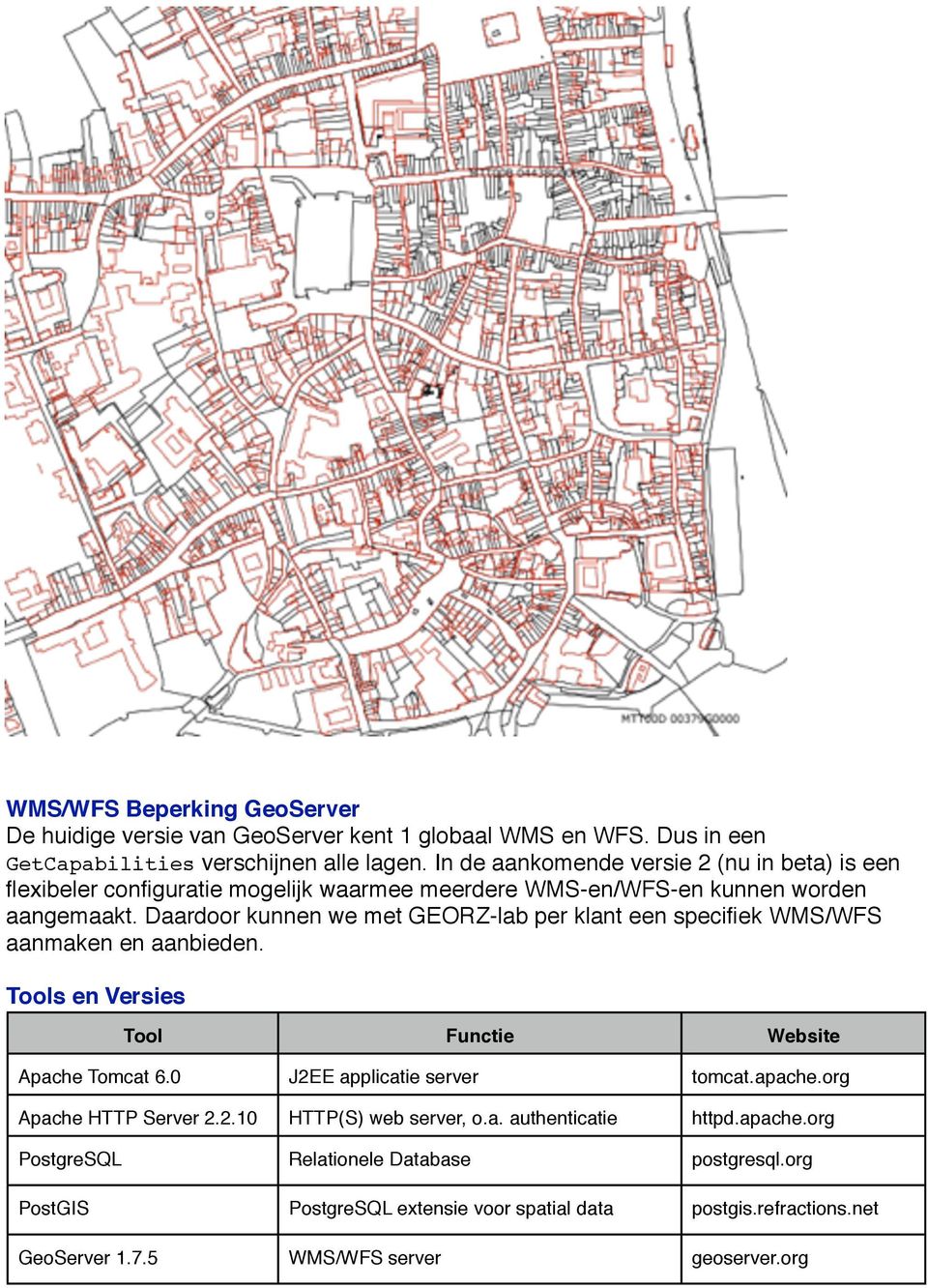 Daardoor kunnen we met GEORZ-lab per klant een specifiek WMS/WFS aanmaken en aanbieden. Tools en Versies Tool Functie Website Apache Tomcat 6.0 J2EE applicatie server tomcat.