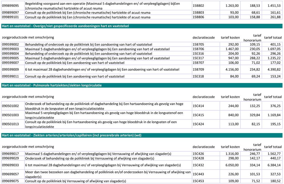 hartziekte of acuut reuma 15B806 103,00 158,88 261,88 Hart en vaatstelsel - Overige/niet gespecificeerde aandoeningen hart en vaatstelsel kosten 099599002 Behandeling of onderzoek op de polikliniek