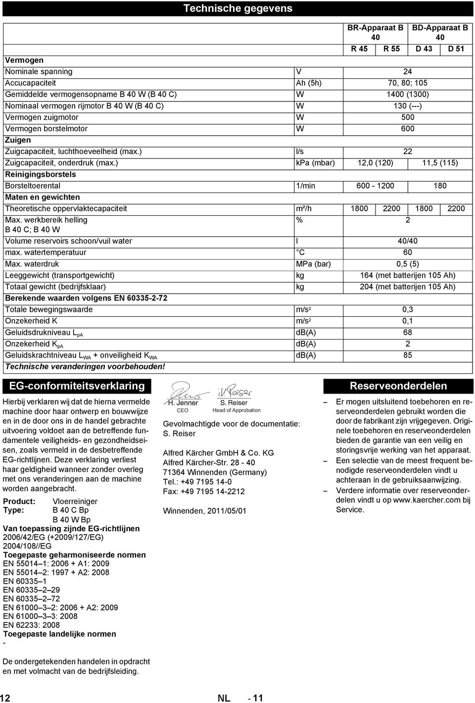 ) kpa (mbar) 12,0 (120) 11,5 (115) Reinigingsborstels Borsteltoerental 1/min 600-1200 180 Maten en gewichten Theoretische oppervlaktecapaciteit m²/h 1800 2200 1800 2200 Max.