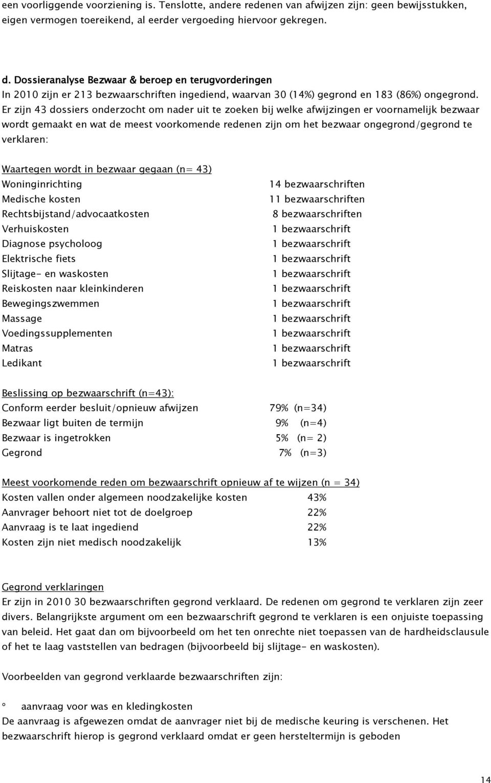 Er zijn 43 dossiers onderzocht om nader uit te zoeken bij welke afwijzingen er voornamelijk bezwaar wordt gemaakt en wat de meest voorkomende redenen zijn om het bezwaar ongegrond/gegrond te