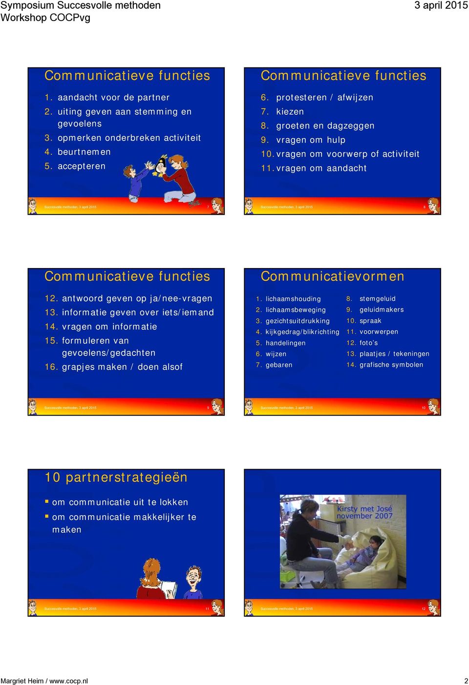 vragen om aandacht Succesvolle methoden, 7 Succesvolle methoden, 8 Communicatieve functies Communicatievormen 12. antwoord geven op ja/nee-vragen 13. informatie geven over iets/iemand 14.