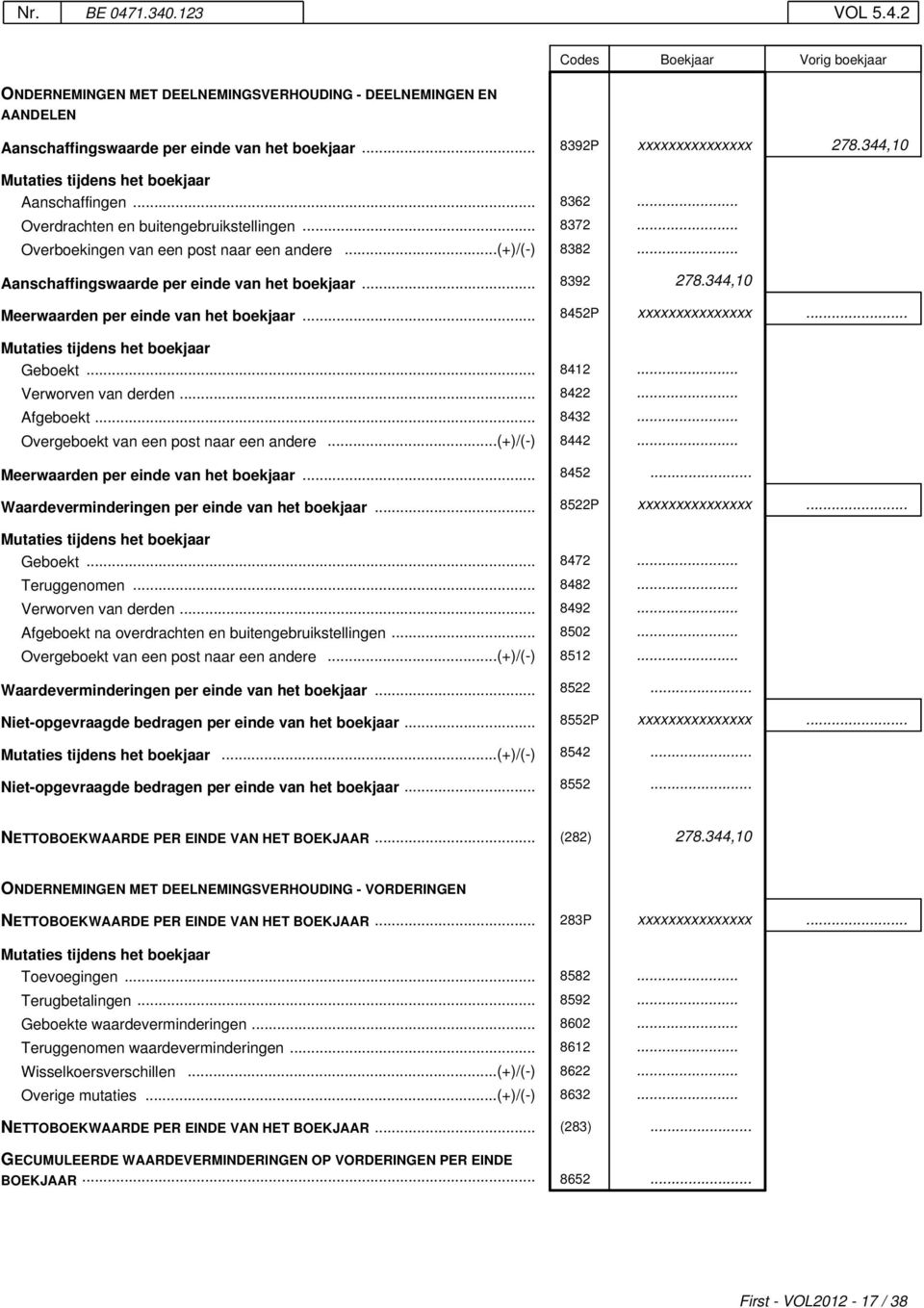 .. 8392 278.344,10 Meerwaarden per einde van het boekjaar... 8452P xxxxxxxxxxxxxxx... Geboekt... 8412... Verworven van derden... 8422... Afgeboekt... 8432... Overgeboekt van een post naar een andere.