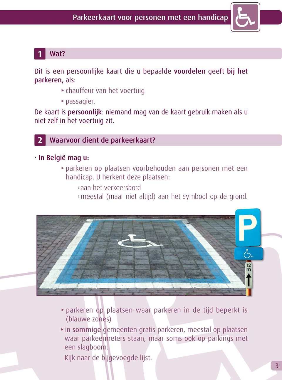 In België mag u: parkeren op plaatsen voorbehouden aan personen met een handicap.