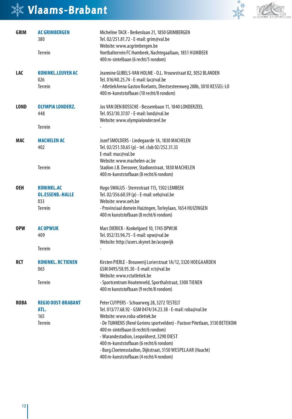 74 - E-mail: lac@val.be - AtletiekArena Gaston Roelants, Diestsesteenweg 288b, 3010 KESSEL-LO 400 m-kunststofbaan (10 recht/8 rondom) LOND OLYMPIA LONDERZ.