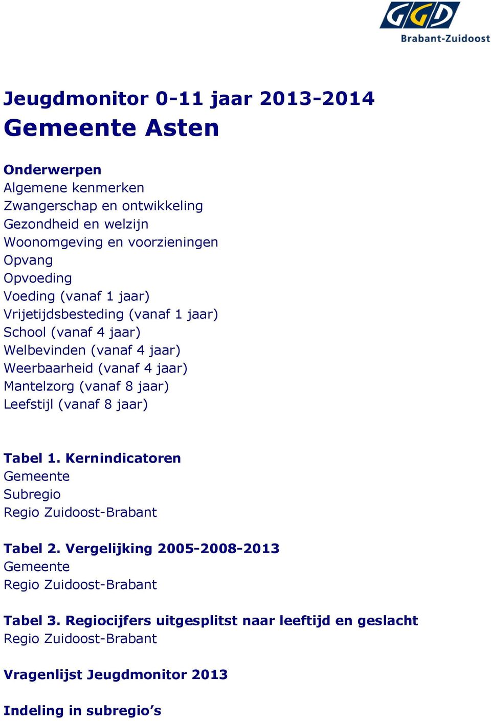 4 jaar) Mantelzorg (vanaf 8 jaar) Leefstijl (vanaf 8 jaar) Tabel 1. Kernindicatoren Gemeente Subregio Regio Zuidoost-Brabant Tabel 2.