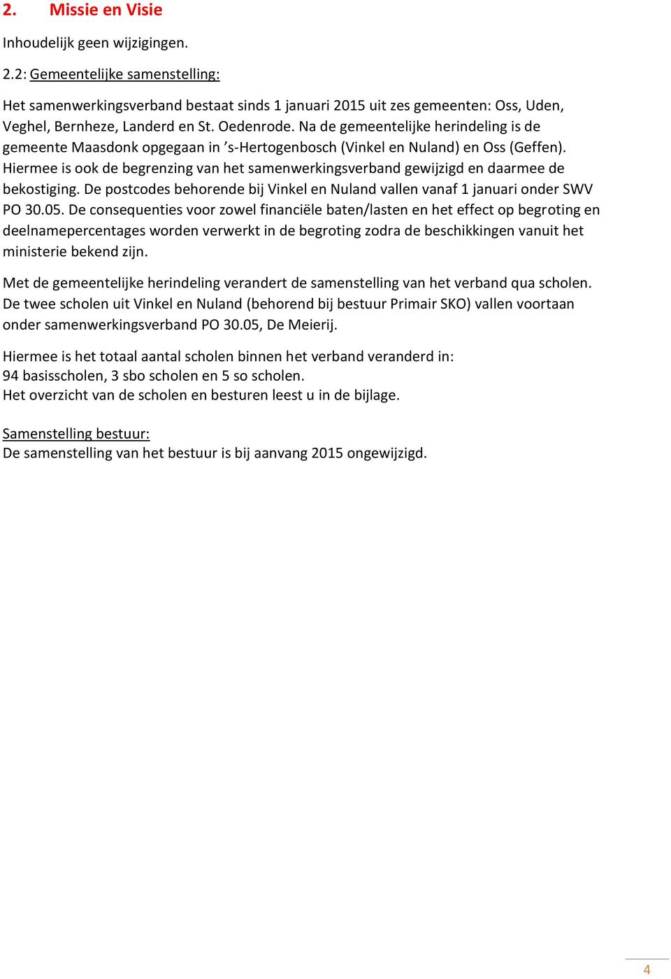 Hiermee is ook de begrenzing van het samenwerkingsverband gewijzigd en daarmee de bekostiging. De postcodes behorende bij Vinkel en Nuland vallen vanaf 1 januari onder SWV PO 30.05.