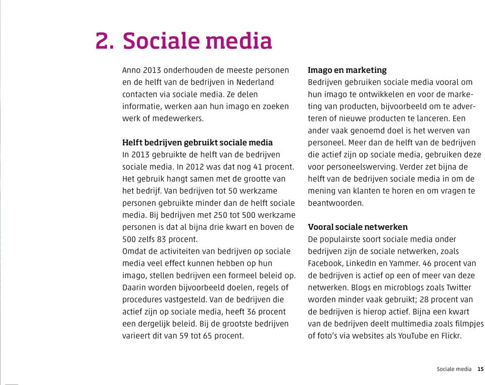 In 2012 was dat nog 41 procent. Het gebruik hangt samen met de grootte van het bedrijf. Van bedrijven tot 50 werkzame personen gebruikte minder dan de helft sociale media.