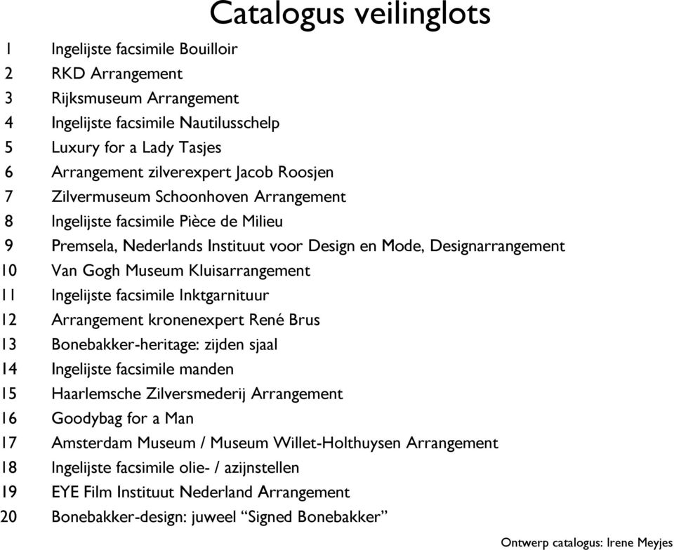 Ingelijste facsimile Inktgarnituur 12 Arrangement kronenexpert René Brus 13 Bonebakker-heritage: zijden sjaal 14 Ingelijste facsimile manden 15 Haarlemsche Zilversmederij Arrangement 16 Goodybag for