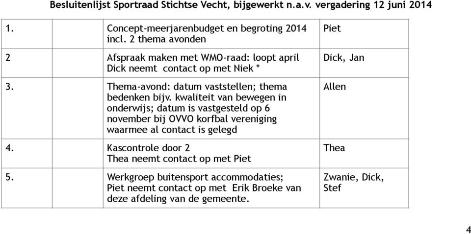 kwaliteit van bewegen in onderwijs; datum is vastgesteld op 6 november bij OVVO korfbal vereniging waarmee al contact is gelegd 4.