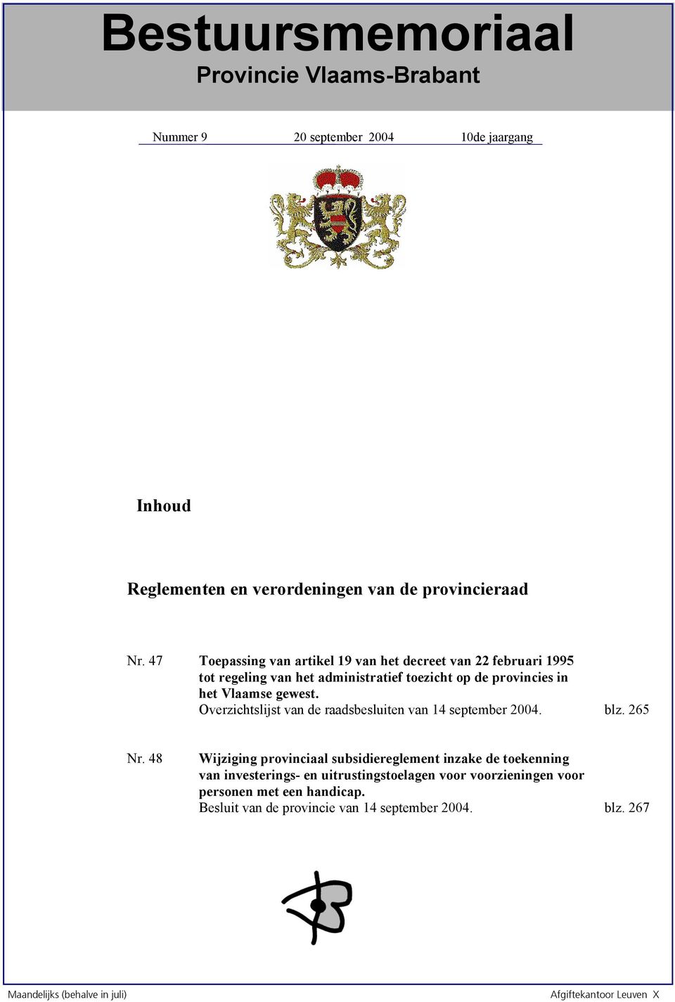 Overzichtslijst van de raadsbesluiten van 14 september 2004. blz. 265 Nr.