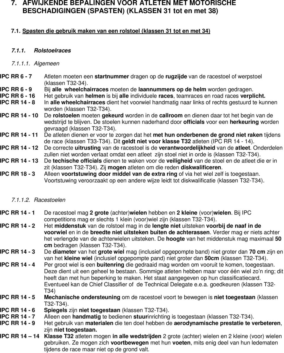 werpstoel (klassen T32-34). Bij alle wheelchairraces moeten de laannummers op de helm worden gedragen. Het gebruik van helmen is bij alle individuele races, teamraces en road races verplicht.