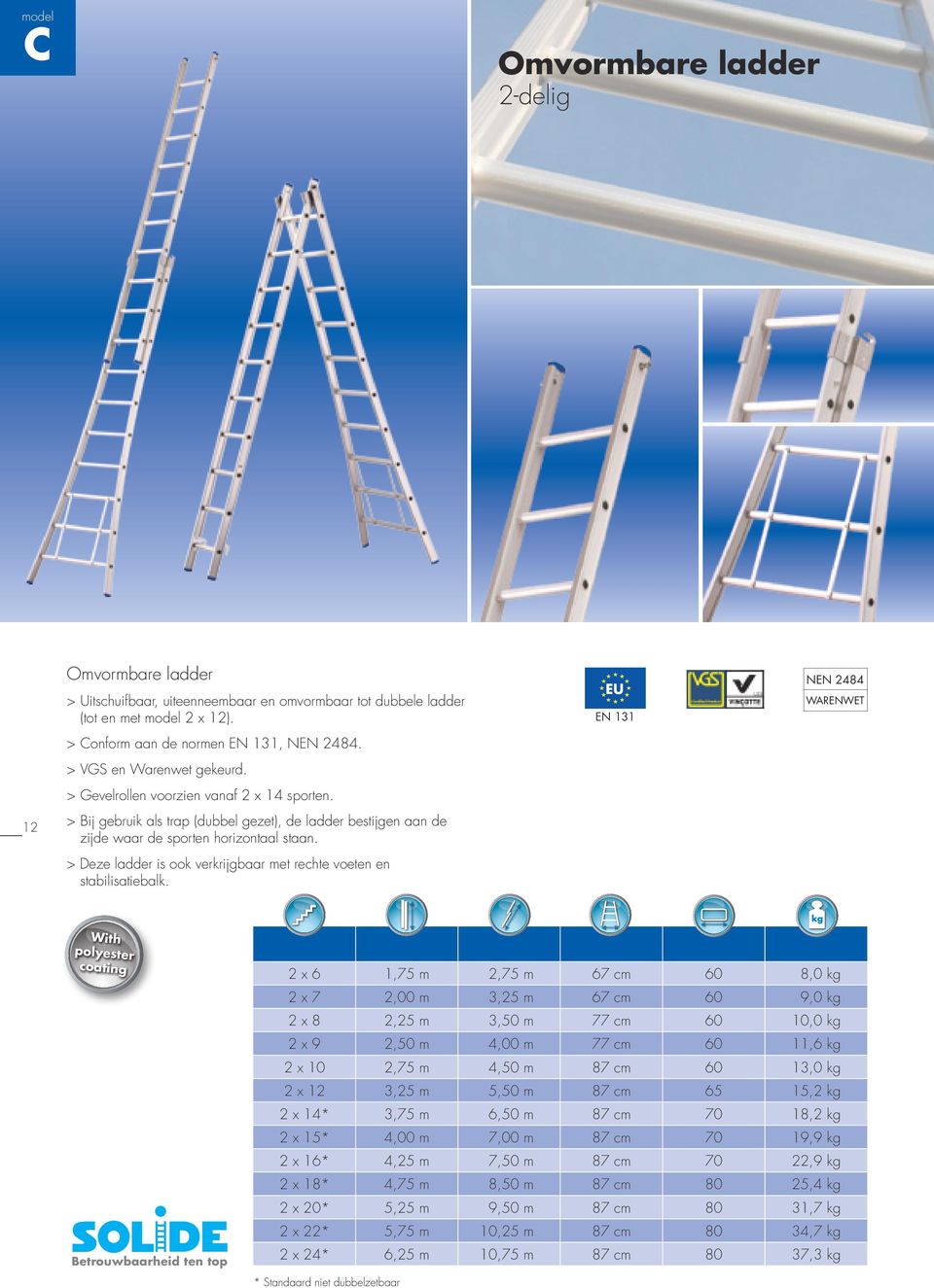 > Deze ladder is ook verkrijgbaar met rechte voeten en stabilisatiebalk.