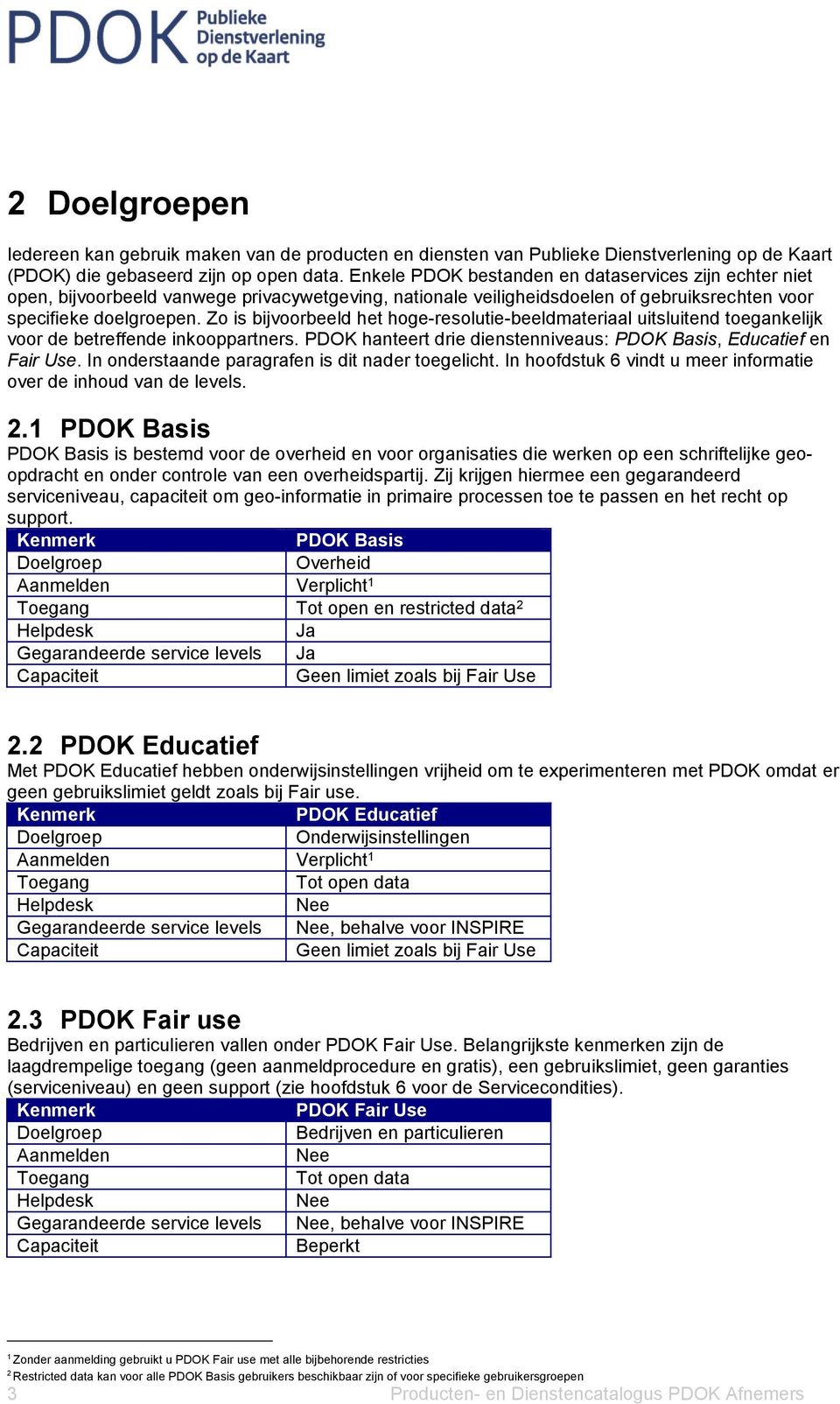 Zo is bijvoorbeeld het hoge-resolutie-beeldmateriaal uitsluitend toegankelijk voor de betreffende inkooppartners. PDOK hanteert drie dienstenniveaus: PDOK Basis, Educatief en Fair Use.