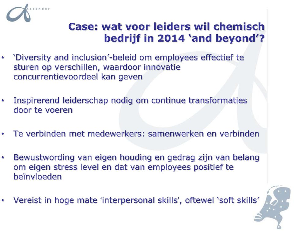 geven Inspirerend leiderschap nodig om continue transformaties door te voeren Te verbinden met medewerkers: samenwerken en