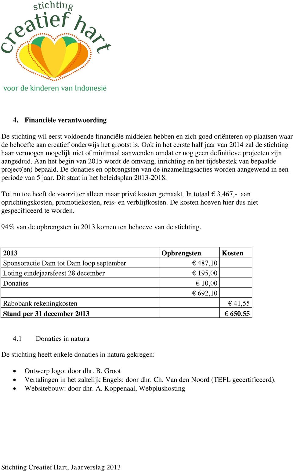 Aan het begin van 2015 wordt de omvang, inrichting en het tijdsbestek van bepaalde project(en) bepaald. De donaties en opbrengsten van de inzamelingsacties worden aangewend in een periode van 5 jaar.