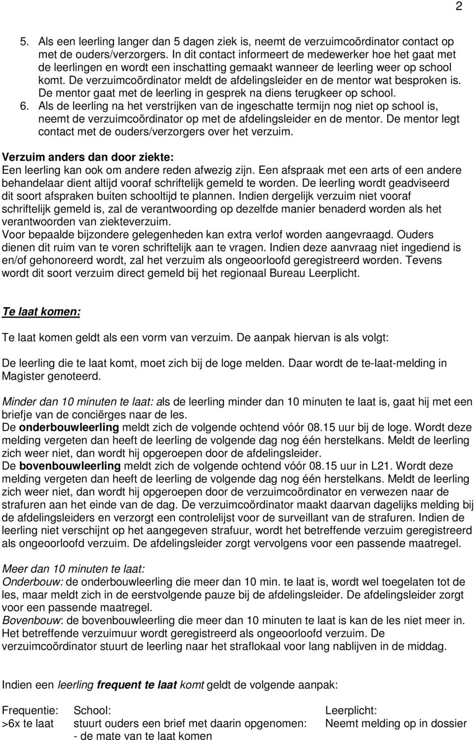 De verzuimcoördinator meldt de afdelingsleider en de mentor wat besproken is. De mentor gaat met de leerling in gesprek na diens terugkeer op school. 6.