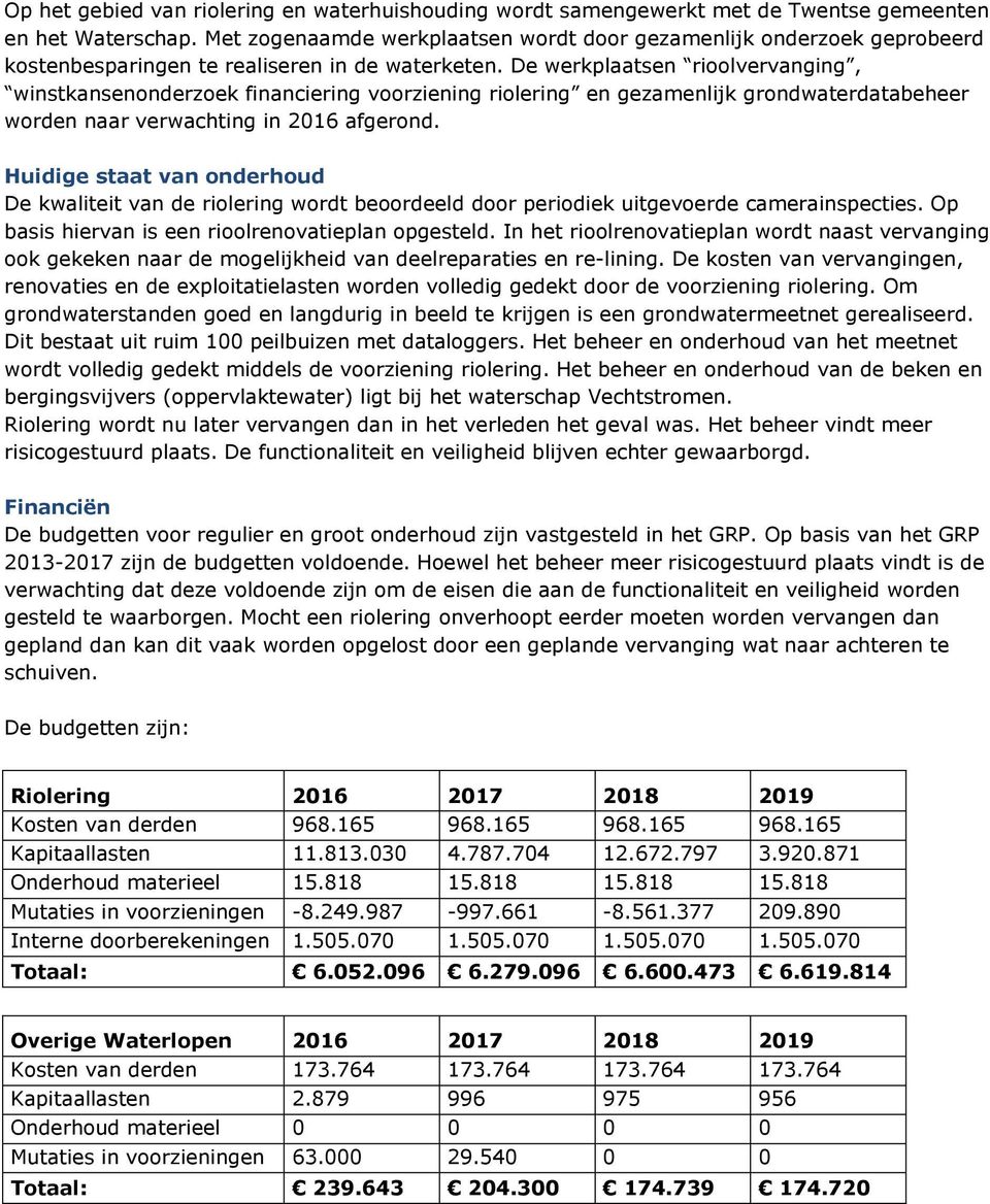 De werkplaatsen rioolvervanging, winstkansenonderzoek financiering voorziening riolering en gezamenlijk grondwaterdatabeheer worden naar verwachting in 2016 afgerond.