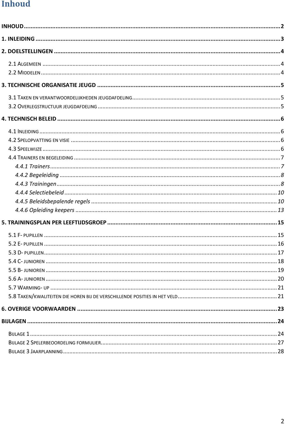 .. 10 4.4.5 Beleidsbepalende regels... 10 4.4.6 Opleiding keepers... 13 5. TRAININGSPLAN PER LEEFTIJDSGROEP... 15 5.1 F- PUPILLEN... 15 5.2 E- PUPILLEN... 16 5.3 D- PUPILLEN... 17 5.4 C- JUNIOREN.