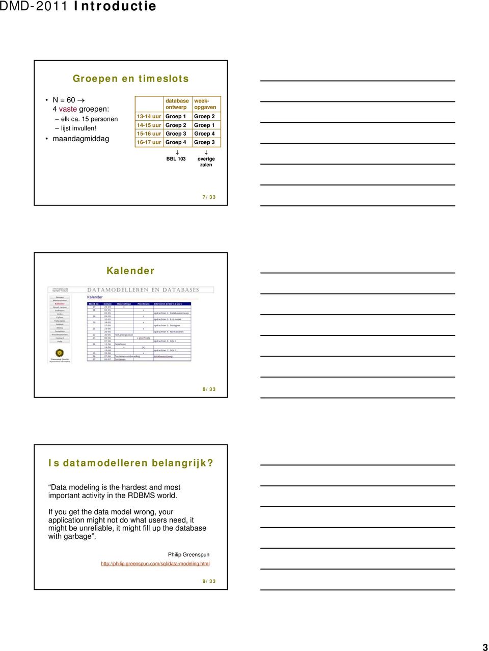 BBL 103 overige zalen 7/33 Kalender 8/33 Is datamodelleren belangrijk? Data modeling is the hardest and most important activity in the RDBMS world.