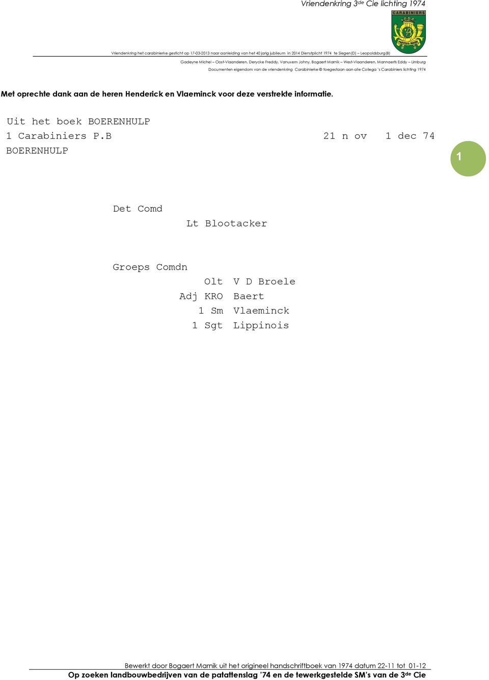 de vriendenkring Carabinierke toegestaan aan alle Collega s Carabiniers lichting 1974 Met oprechte dank aan de heren Henderick en Vlaeminck voor deze verstrekte