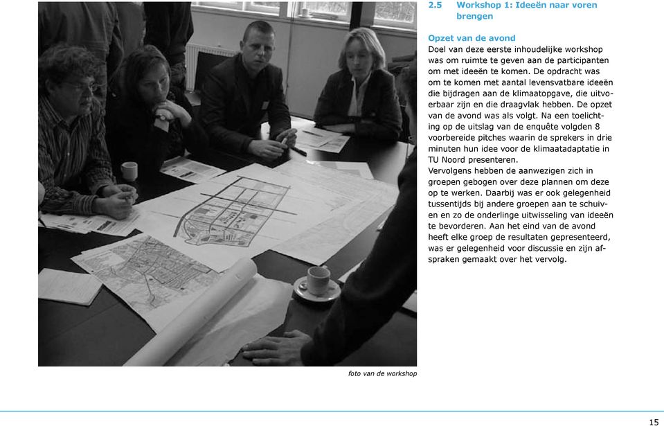 Na een toelichting op de uitslag van de enquête volgden 8 voorbereide pitches waarin de sprekers in drie minuten hun idee voor de klimaatadaptatie in TU Noord presenteren.