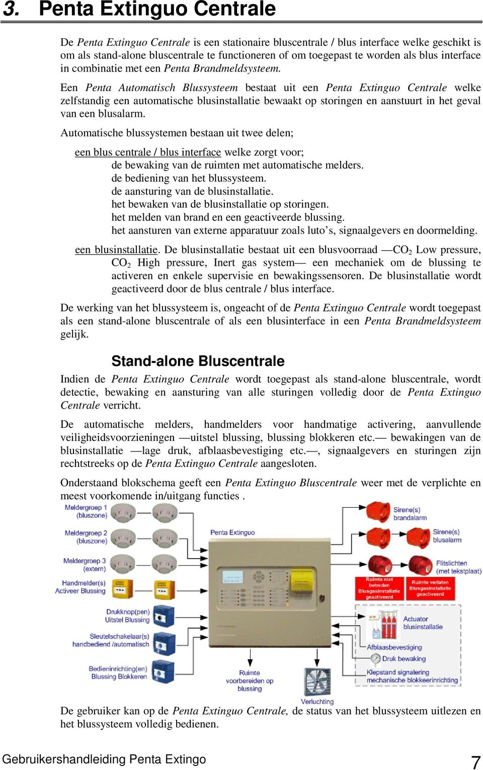 Een Penta Automatisch Blussysteem bestaat uit een Penta Extinguo Centrale welke zelfstandig een automatische blusinstallatie bewaakt op storingen en aanstuurt in het geval van een blusalarm.