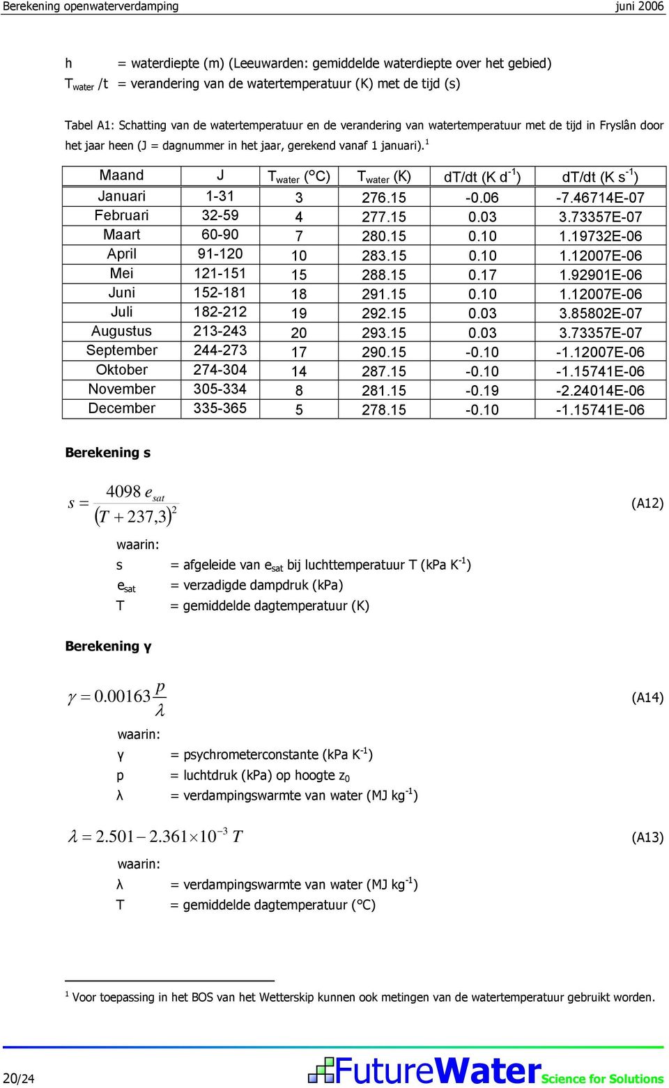 1 Maand J water ( C) water (K) d/dt (K d -1 ) d/dt (K s -1 ) Januari 1-31 3 276.15-0.06-7.46714E-07 Februari 32-59 4 277.15 0.03 3.73357E-07 Maart 60-90 7 280.15 0.10 1.19732E-06 April 91-120 10 283.