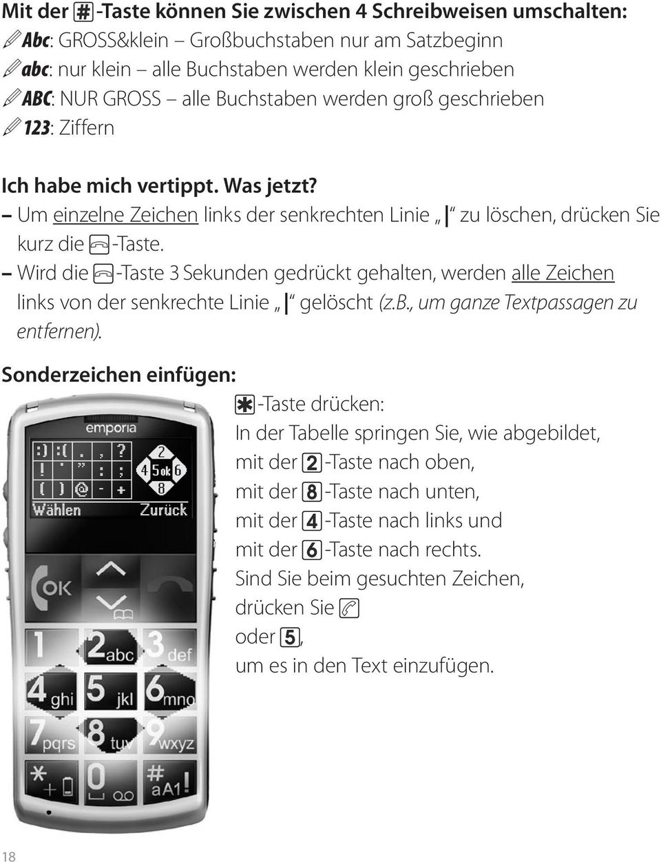 Wird die -Taste 3 Sekunden gedrückt gehalten, werden alle Zeichen links von der senkrechte Linie gelöscht (z.b., um ganze Textpassagen zu entfernen).