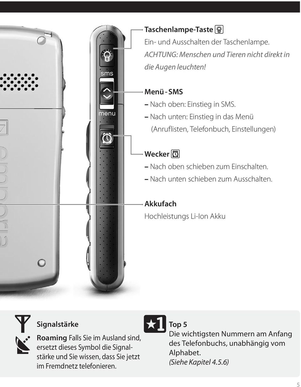 Nach unten: Einstieg in das Menü (Anruflisten, Telefonbuch, Einstellungen) Wecker Nach oben schieben zum Einschalten.