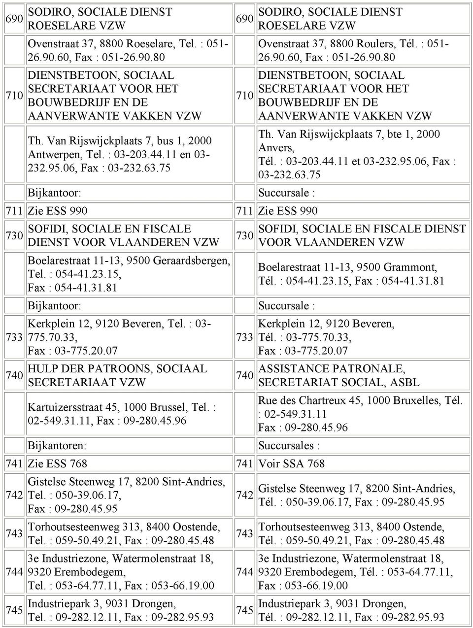 75 690 710 Bijkantoor: Succursale : 711 Zie ESS 990 711 Zie ESS 990 730 733 740 SOFIDI, SOCIALE EN FISCALE DIENST VOOR VLAANDEREN Boelarestraat 11-13, 9500 Geraardsbergen, Tel. : 054-41.23.