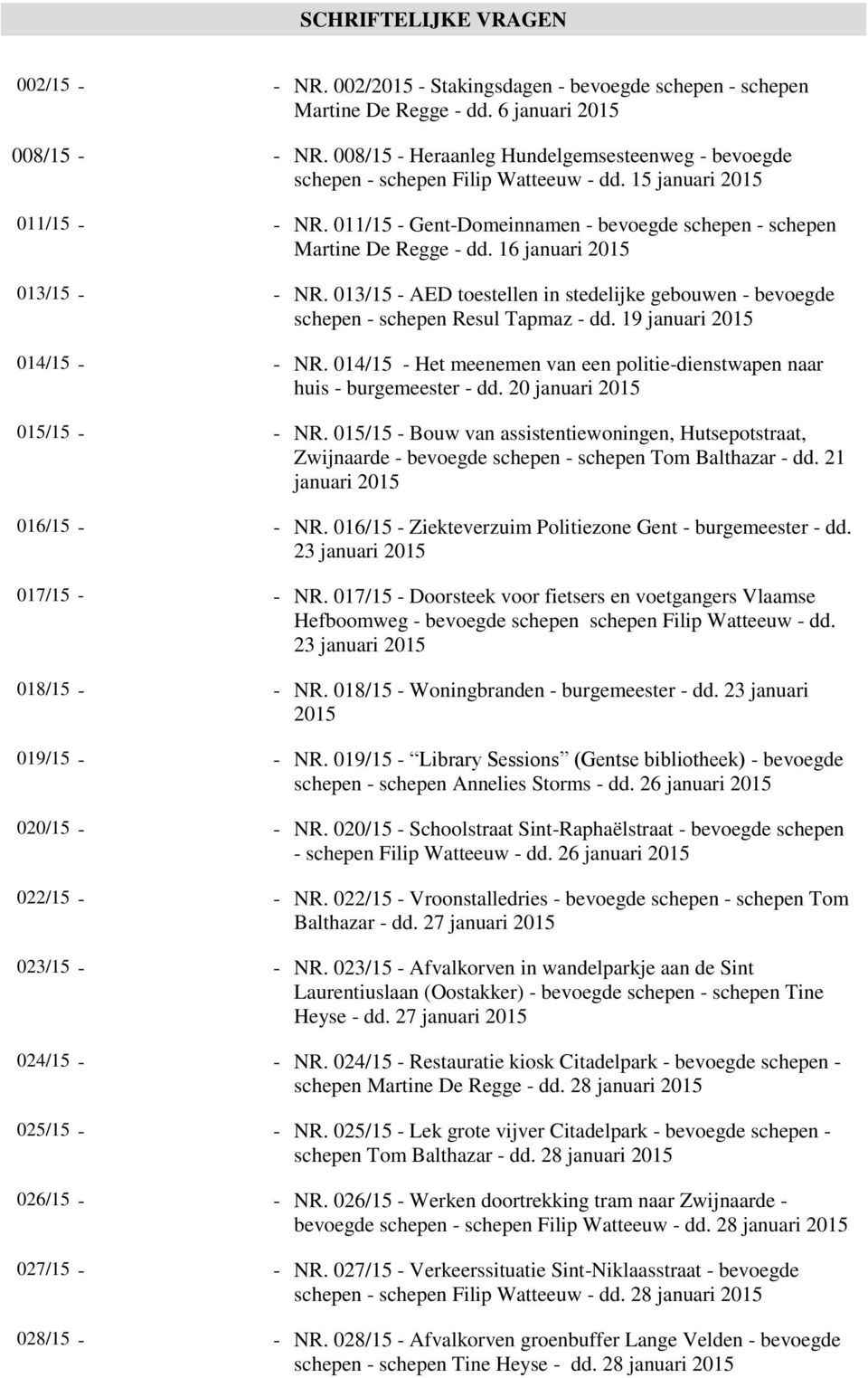 16 januari 2015 013/15 - - NR. 013/15 - AED toestellen in stedelijke gebouwen - bevoegde schepen - schepen Resul Tapmaz - dd. 19 januari 2015 014/15 - - NR.