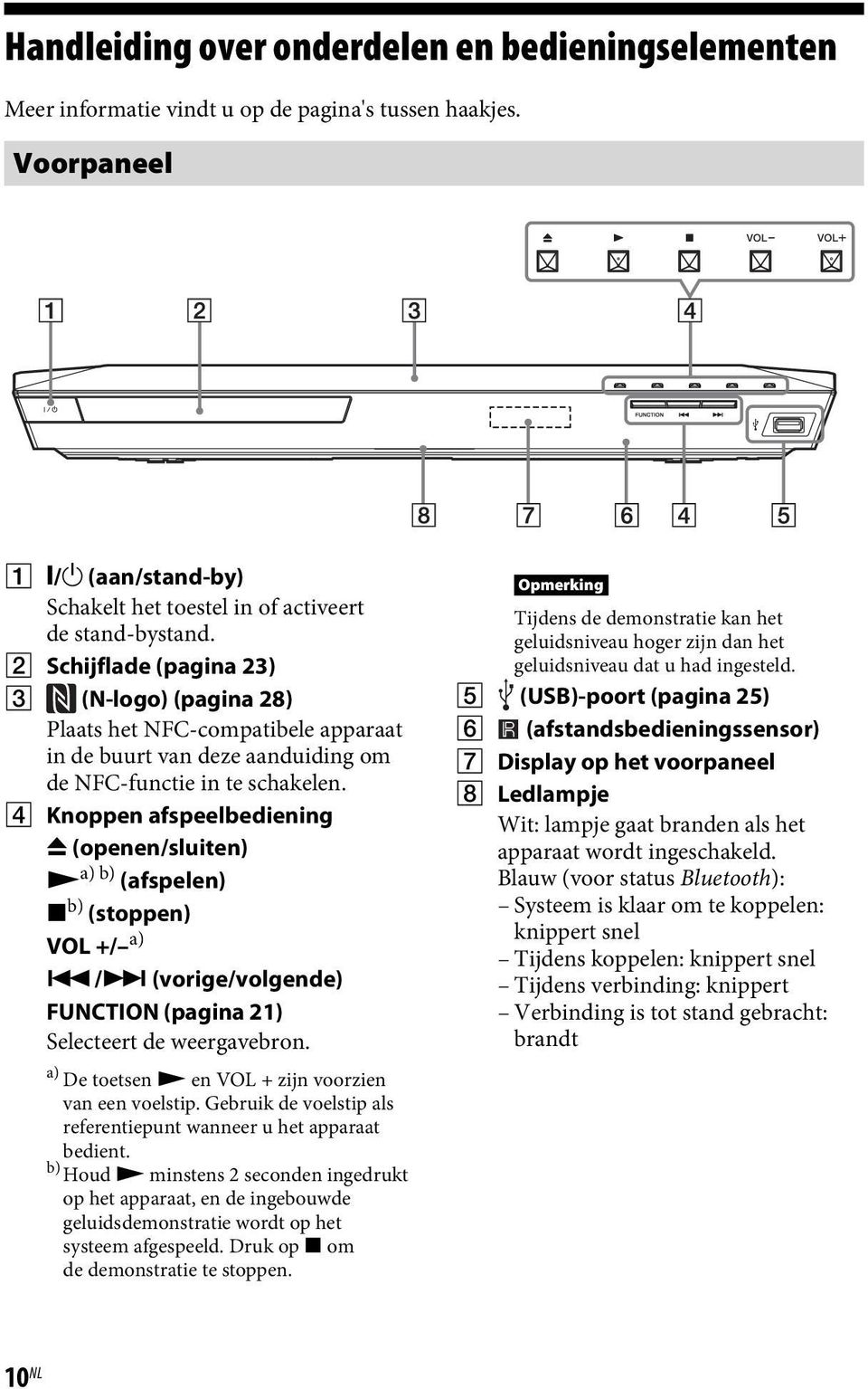 D Knoppen afspeelbediening Z (openen/sluiten) N a) b) (afspelen) x b) (stoppen) VOL +/ a)./> (vorige/volgende) FUNCTION (pagina 21) Selecteert de weergavebron.