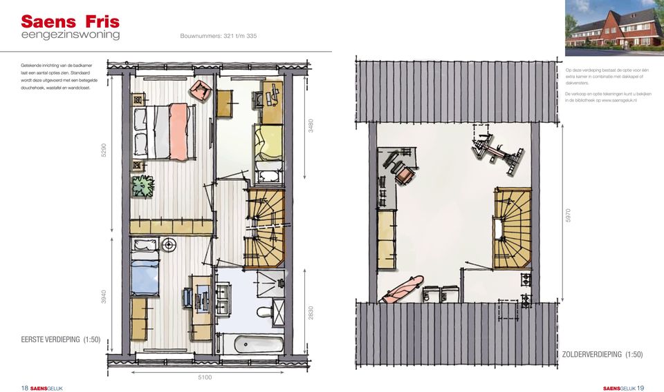 Op deze verdieping bestaat de optie voor één extra kamer in combinatie met dakkapel of dakvensters.