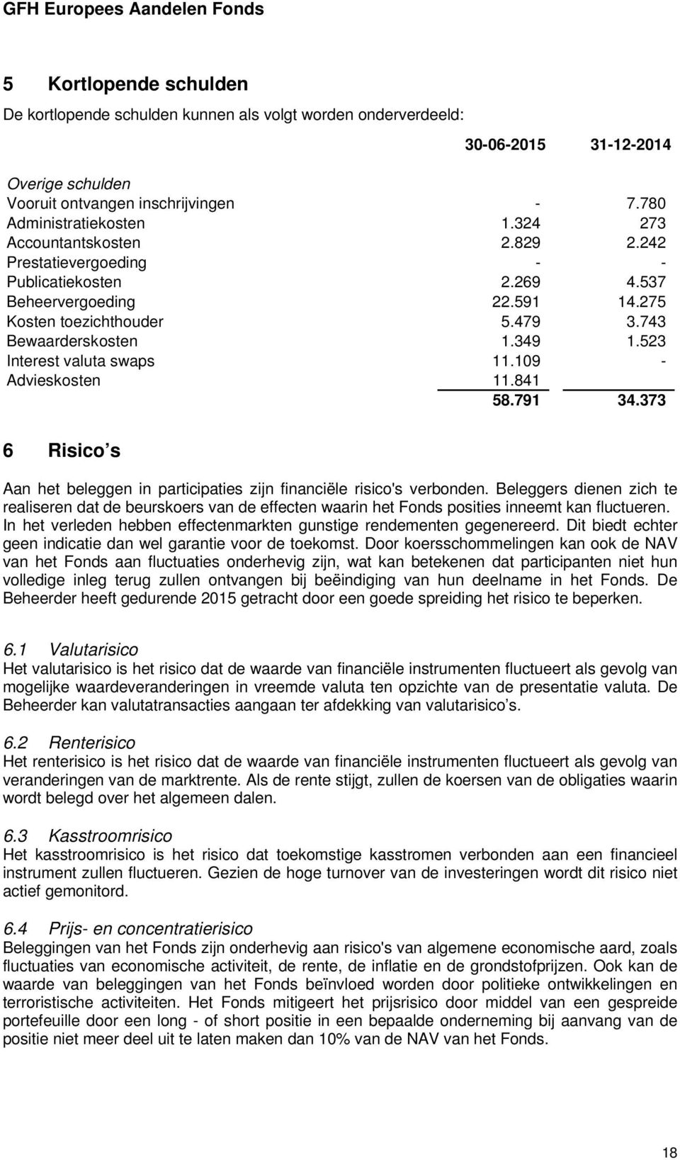 523 Interest valuta swaps 11.109 - Advieskosten 11.841 58.791 34.373 6 Risico s Aan het beleggen in participaties zijn financiële risico's verbonden.