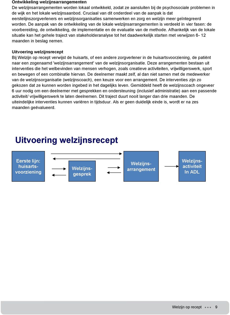 De aanpak van de ontwikkeling van de lokale welzijnsarrangementen is verdeeld in vier fasen: de voorbereiding, de ontwikkeling, de implementatie en de evaluatie van de methode.