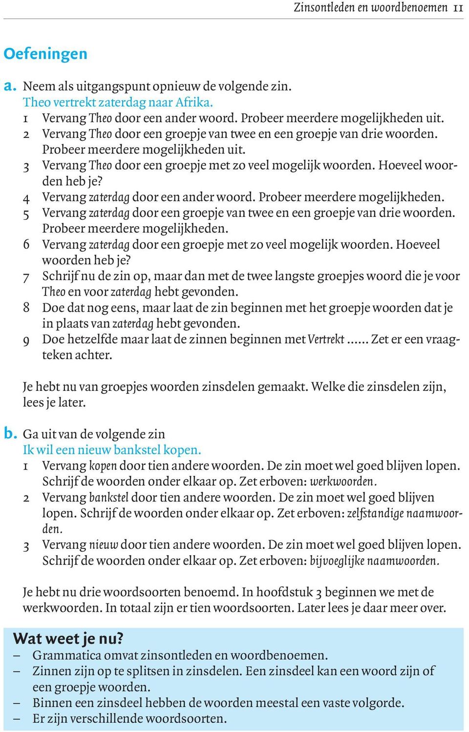 3 Vervang Theo door een groepje met zo veel mogelijk woorden. Hoeveel woorden heb je? 4 Vervang zaterdag door een ander woord. Probeer meerdere mogelijkheden.