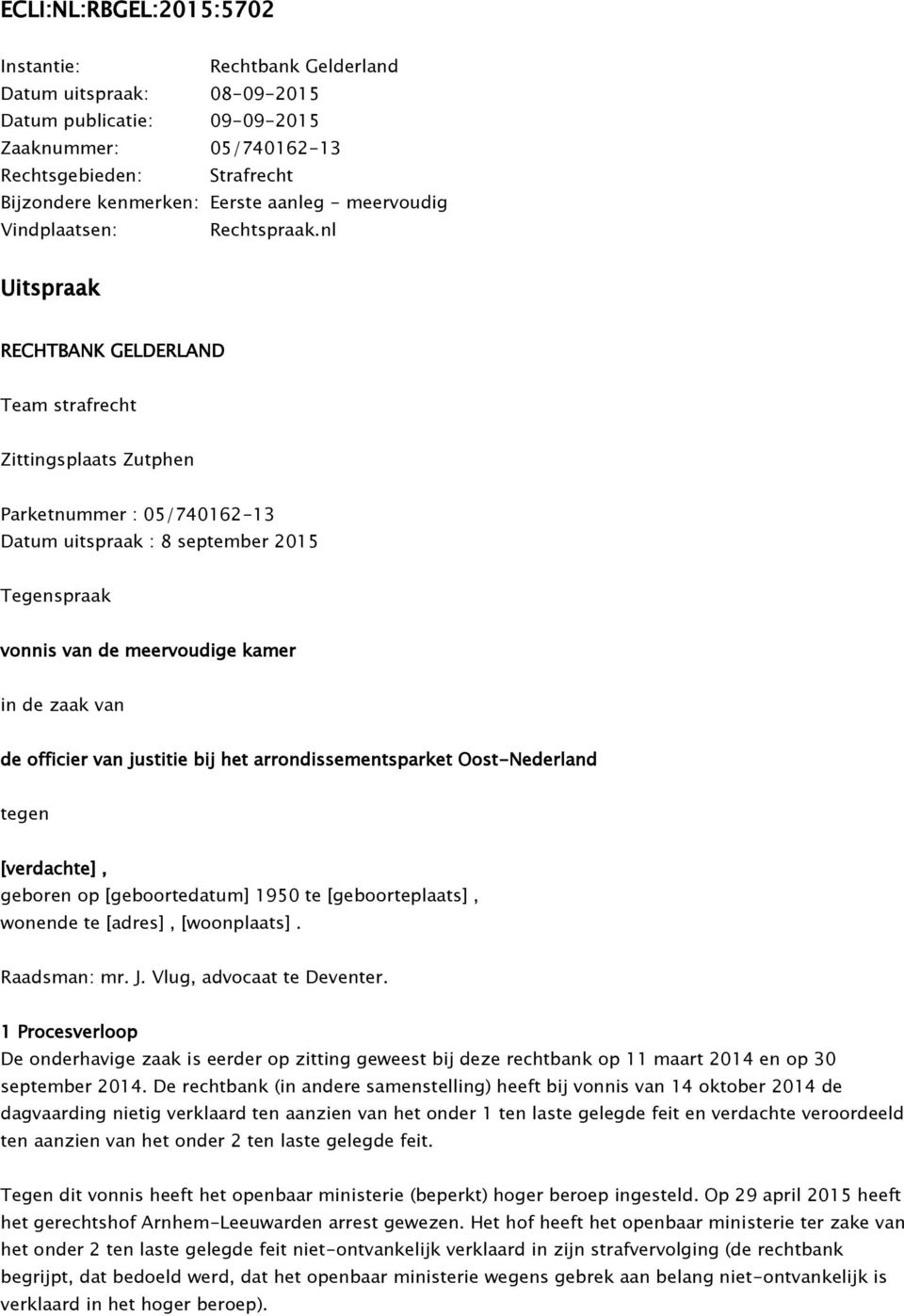nl Uitspraak RECHTBANK GELDERLAND Team strafrecht Zittingsplaats Zutphen Parketnummer : 05/740162-13 Datum uitspraak : 8 september 2015 Tegenspraak vonnis van de meervoudige kamer in de zaak van de