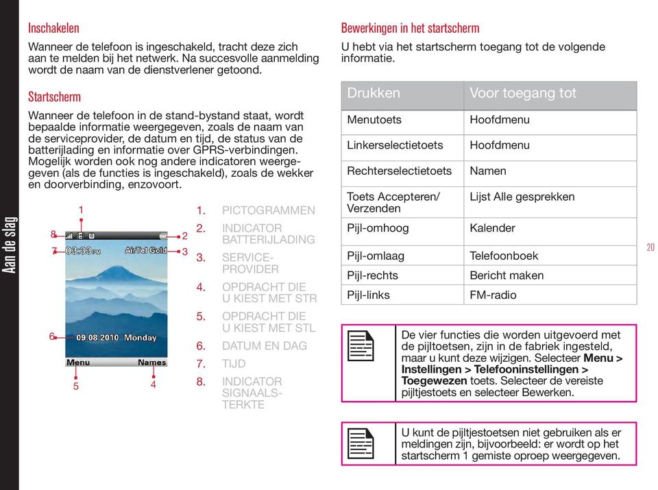 over GPRS-verbindingen. Mogelijk worden ook nog andere indicatoren weergegeven (als de functies is ingeschakeld), zoals de wekker en doorverbinding, enzovoort. 8 7 6 1 5 4 2 3 1. PICTOGRAMMEN 2.