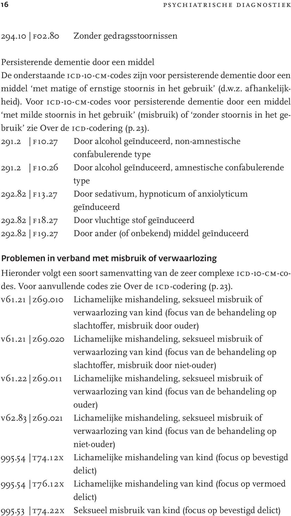 w.z. afhankelijkheid). Voor icd-10-cm-codes voor persisterende dementie door een middel met milde stoornis in het gebruik (misbruik) of zonder stoornis in het gebruik zie Over de icd-codering (p. 23).