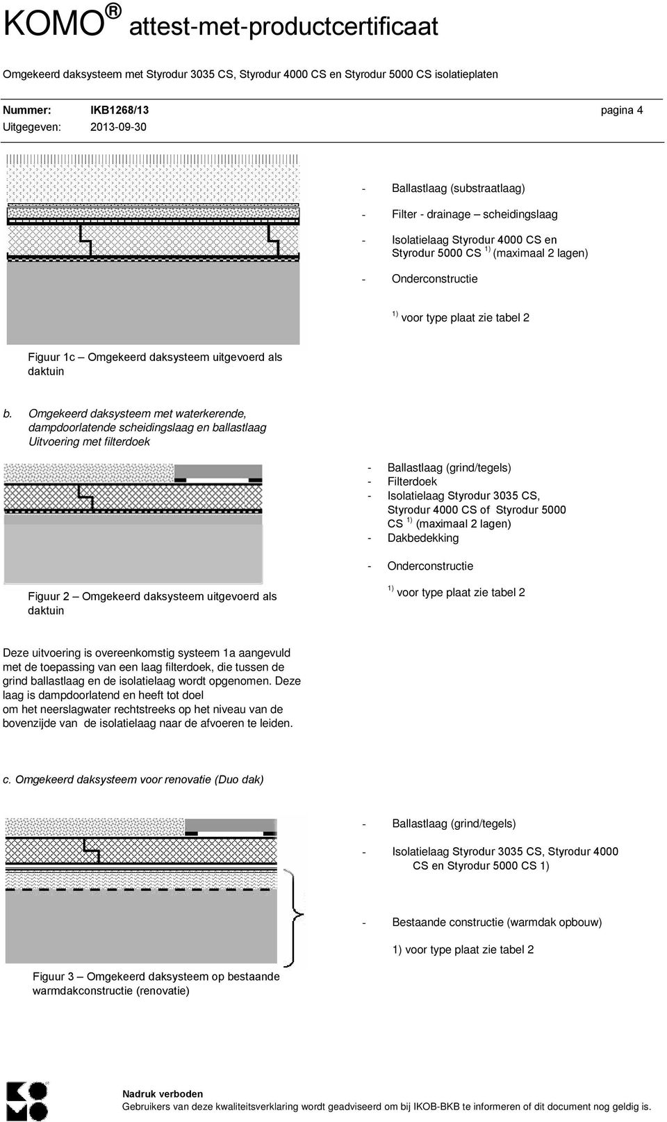 Omgekeerd daksysteem met waterkerende, dampdoorlatende scheidingslaag en ballastlaag Uitvoering met filterdoek - Ballastlaag (grind/tegels) - Filterdoek - Isolatielaag Styrodur 3035 CS, Styrodur 4000